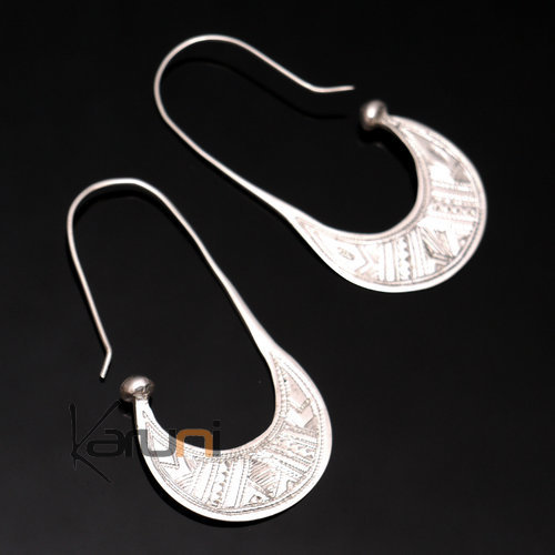 Ethnic Hoop Earrings Sterling Silver Jewelry Engraved Long Flat Tuareg Tribe Design 31