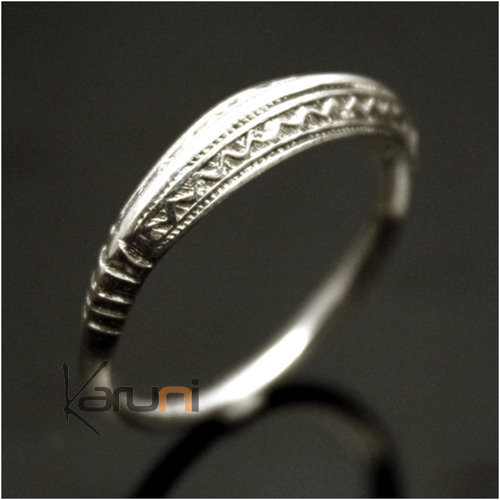 Ethnic Engagement Ring Wedding Jewelry Sterling Silver Thin Engraved Men/Women Tuareg Tribe Design Angled 01