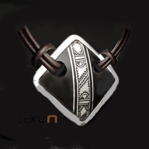 Ethnic Necklace Sterling Silver Jewelry Leather Ebony Diamond Tuareg Tribe Design 10  KARUNI 