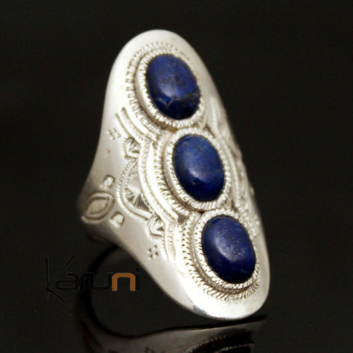 Ethnic Marquise Ring Lapis Lazuli Sterling Silver Jewelry Long 3 Engraved Tuareg Tribe Design 41