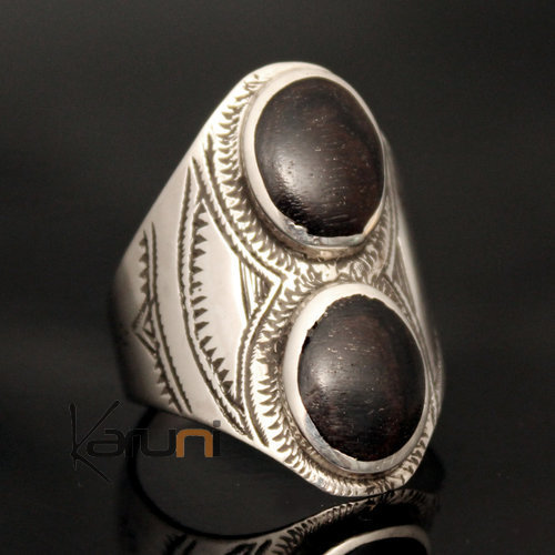 Ethnic Marquise Ring Sterling Silver Jewelry Ebony 2 Engraved Ovals Tuareg Tribe Design 42