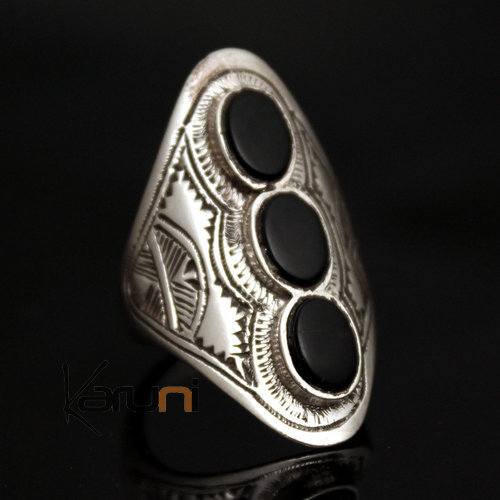 Ethnic Marquise Ring Sterling Silver Jewelry 3 Black Onyx Engraved Tuareg Tribe Design 44