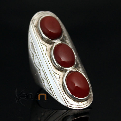 Ethnic Marquise Ring Sterling Silver Jewelry Long 3 Red Agate Engraved Tuareg Tribe Design 41