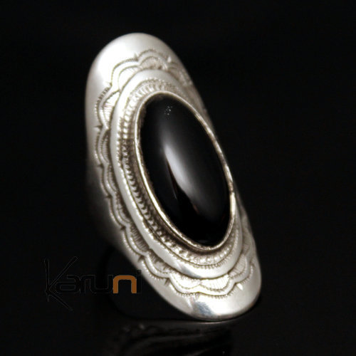 Ethnic Marquise Ring Sterling Silver Jewelry Long Black Onyx Engraved Tuareg Tribe Design 40
