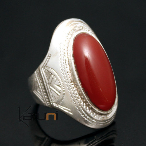 Ethnic Marquise Ring Sterling Silver Jewelry Red Agate Engraved Tuareg Tribe Design 46