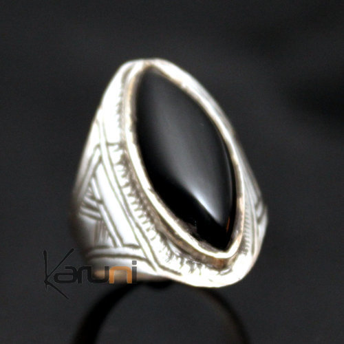 Ethnic Marquise Ring Sterling Silver Jewelry Black Onyx Engraved Tuareg Tribe Design 48