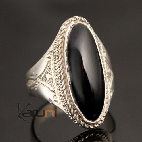 Ethnic Marquise Ring Sterling Silver Jewelry Black Onyx Engraved Tuareg Tribe Design 49