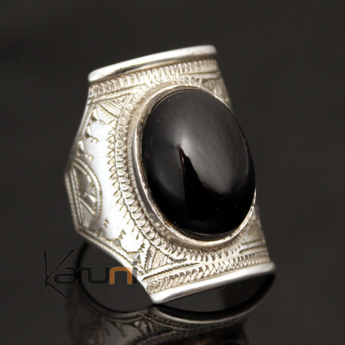  Engraved Silver Signet Ring Men / Women 40 Black Onyx