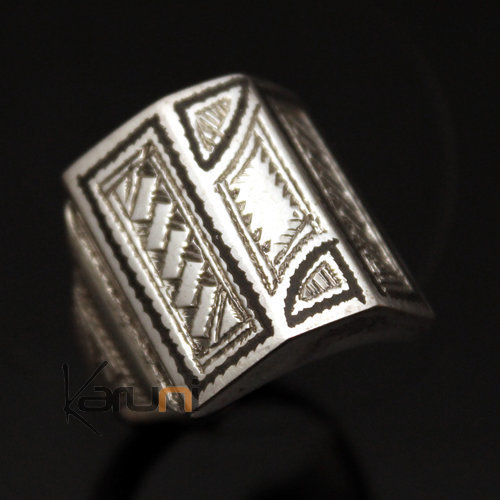 Ethnic Signet Ring Sterling Silver Jewelry Voluminous Big Engraved Square Men/Women Tuareg Tribe Design 16 b