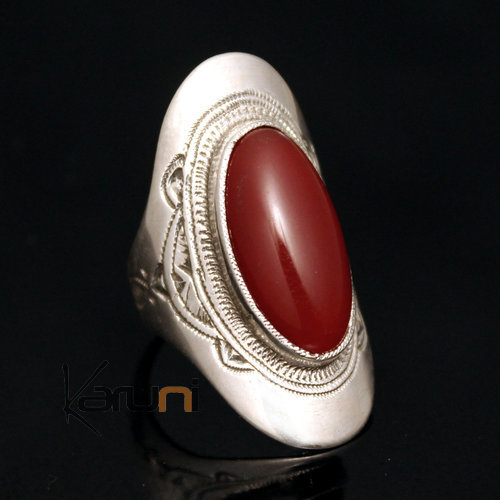 Ethnic Marquise Ring Sterling Silver Jewelry Long Red Agate Engraved Tuareg Tribe Design 43 b