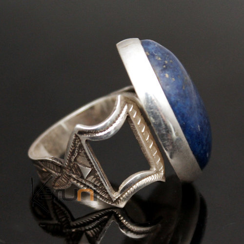 African Ring Lapis Lazuli Sterling Silver Ethnic Jewelry Big Engraved Oval Adjustable Men/Women Tuareg Tribe Design 09 d