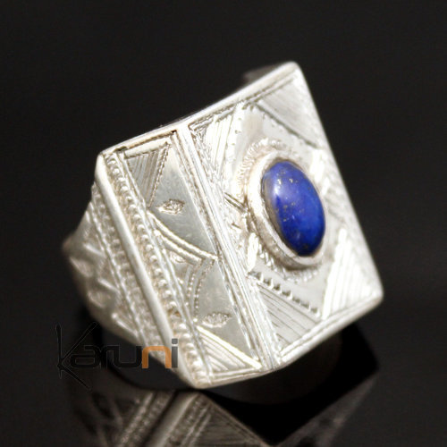 African Signet Ring Lapis Lazuli Sterling Silver Ethnic Jewelry Rectangle Men/Women Tuareg Tribe Design 20