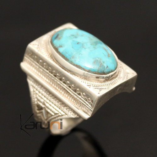 Ethnic Turquoise Ring Sterling Silver Signet Jewelry Rectangle Tuareg Tribe Design 11