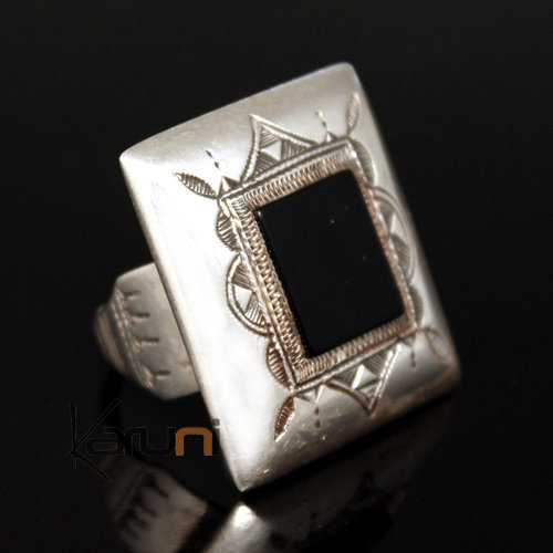 Ethnic Ring Sterling Silver Jewelry Black Onyx Engraved Big Rectangle Tuareg Tribe Design 10