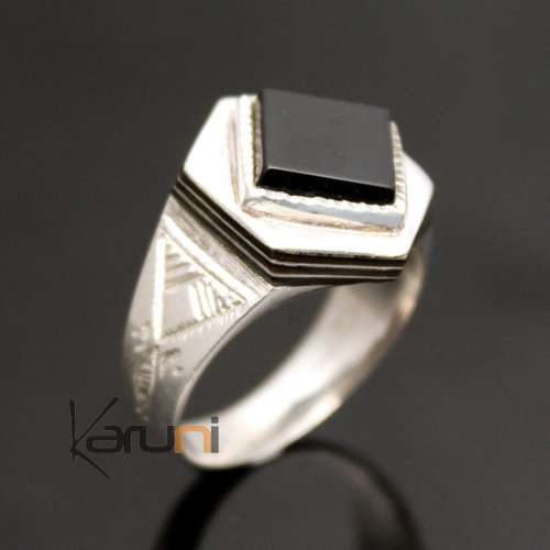 Ethnic Signet Ring Sterling Silver Jewelry Black Onyx Diamond Tuareg Tribe Design 25