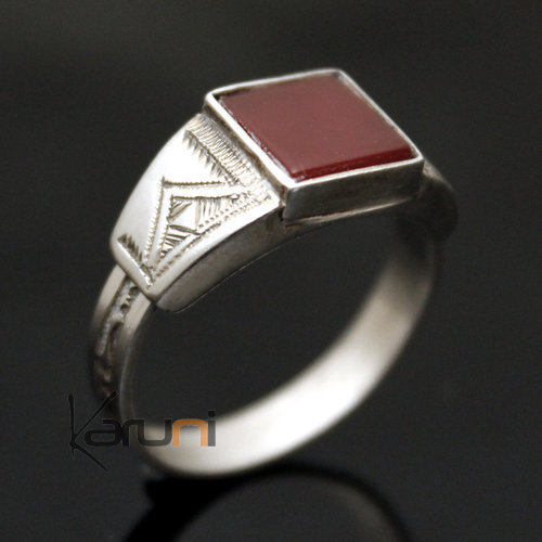 Ethnic Signet Ring Sterling Silver Jewelry Red Agate Square Tuareg Tribe Design 11
