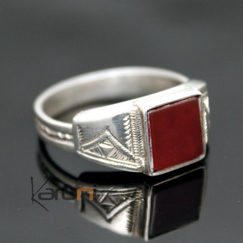 Ethnic Signet Ring Sterling Silver Jewelry Red Agate Square Tuareg Tribe Design 11