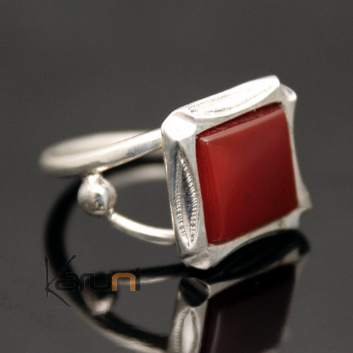 Ethnic Ring Sterling Silver Jewelry Red Agate Square Tuareg Tribe Design 12