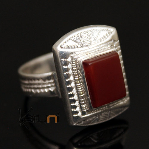 Ethnic Tuareg Tribe Design Ring Silver Hand-Engraved With Red Agate Stone Rectangle 21
