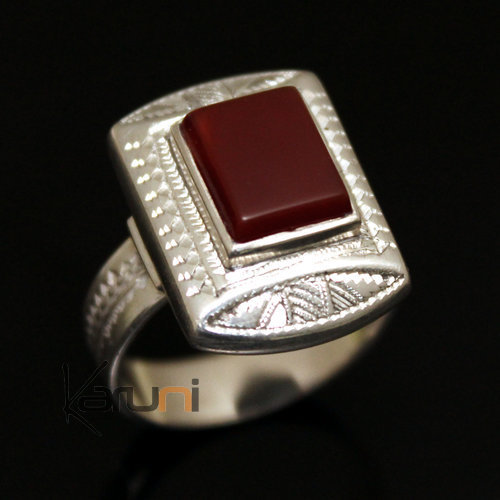 Ethnic Ring Sterling Silver Jewelry Red Agate Rectangle Tuareg Tribe Design 21 c