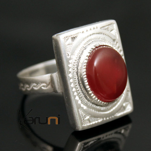 Ethnic Tuareg Tribe Design Ring Silver Hand-Engraved Rectangle With Red Agate Stone Unisex 23