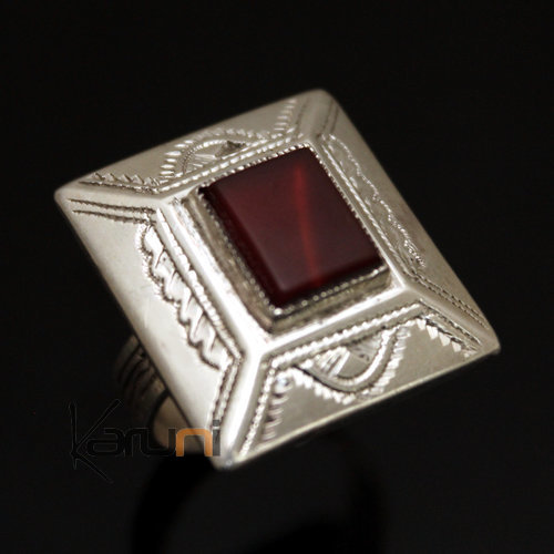 Ethnic Ring Sterling Silver Jewelry Red Agate Big Rectangle Tuareg Tribe Design 26
