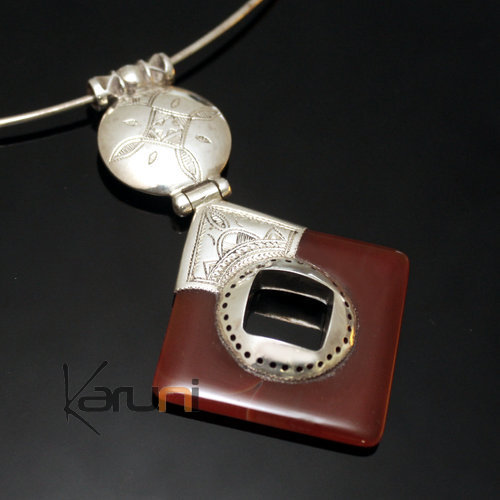 African Necklace Pendant Sterling Silver Ethnic Jewelry Diamond Red Agate Tuareg Tribe Design 02