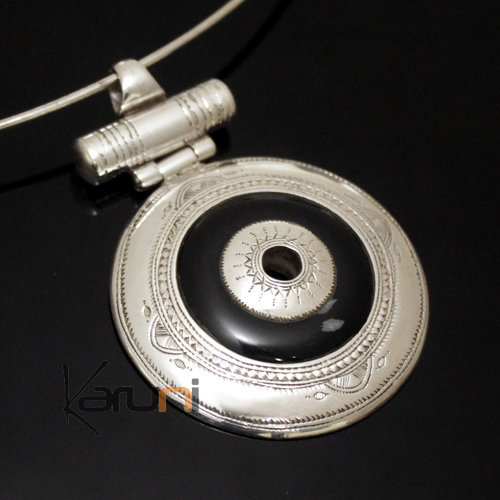 African Necklace Pendant Sterling Silver Ethnic Jewelry Round Black Agate Tuareg Tribe Design 01