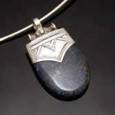 African Necklace Pendant Sterling Silver Ethnic Jewelry Engraved Drop Blue Lapis Lazuli Tuareg Tribe Design 01