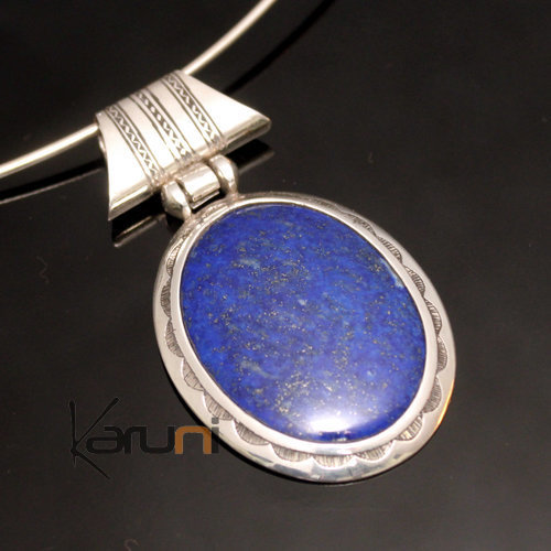 African Necklace Pendant Sterling Silver Ethnic Jewelry Blue Lapis Lazuli Oval Tuareg Tribe Design 02