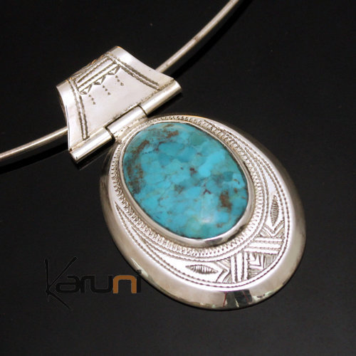 African Necklace Pendant Sterling Silver Ethnic Jewelry Turquoise Drop Tuareg Tribe Design 03