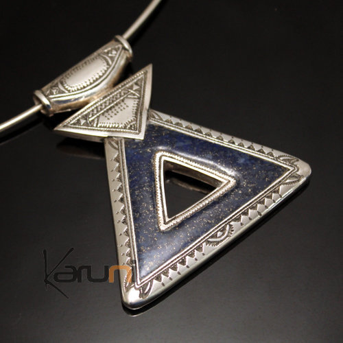African Necklace Pendant Sterling Silver Ethnic Jewelry Blue Lapis Lazuli Big Triangle Tuareg Tribe Design 06