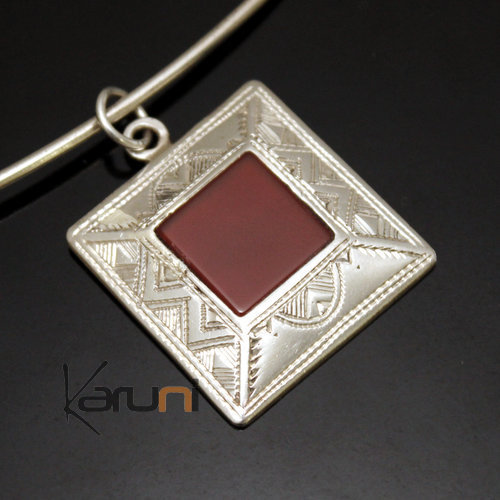 African Necklace Pendant Sterling Silver Ethnic Jewelry Red Agate Small Square Tuareg Tribe Design 35