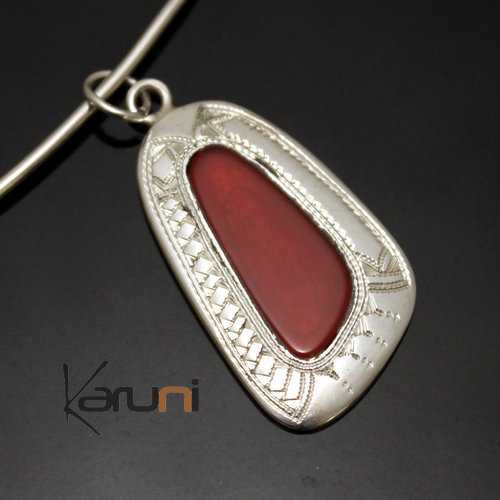 African Necklace Pendant Sterling Silver Ethnic Jewelry Red Agate Small Pebble Tuareg Tribe Design 38