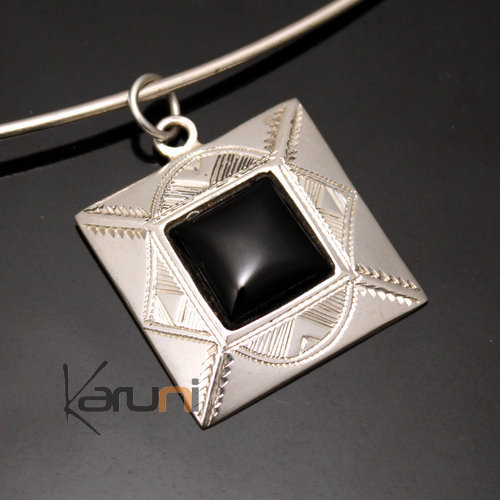 African Necklace Pendant Sterling Silver Ethnic Jewelry Black Onyx Small Engraved Square Tuareg Tribe Design 19