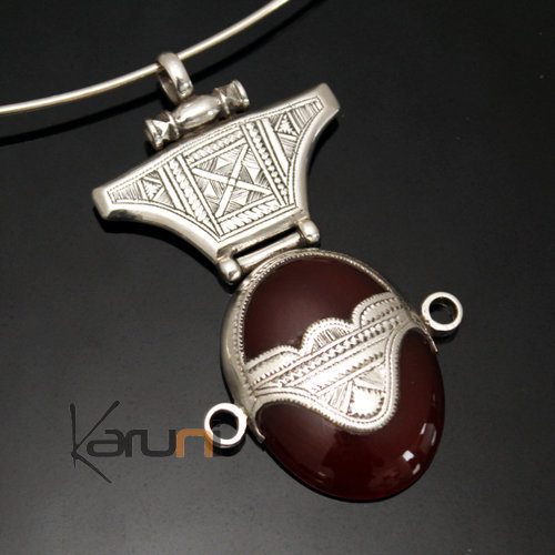 African Necklace Pendant Sterling Silver Ethnic Jewelry Goddess Head Red Agate Oval Tuareg Tribe Design 41