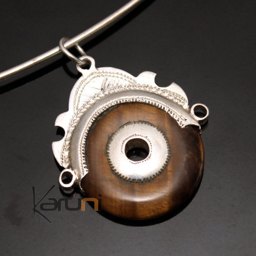 African Necklace Pendant Sterling Silver Ethnic Jewelry Small Goddess Head Tiger's Eye Tuareg Tribe Design 06