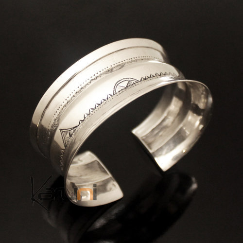Ethnic Cuff Bracelet Sterling Silver Concave Jewelry Engraved Tuareg Tribe Design 05