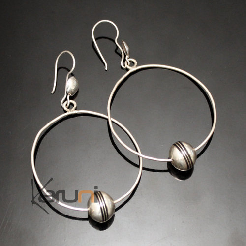 Ethnic Hoop Earrings Sterling Silver Jewelry Thin Ebony Beads Tuareg Tribe Design 36