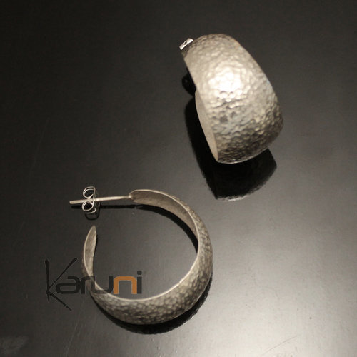 Ethnic Hoop Earrings Sterling Silver Jewelry Rounded Hammered Tuareg Tribe Design 46 KARUNI 