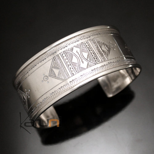 Ethnic Wide Bracelet Sterling Silver Jewelry Large Flat Engraved Men/Women Tuareg Tribe Design 14