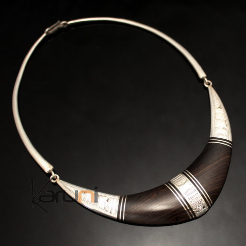 Ethnic Choker Necklace Sterling Silver Jewelry Engraved Ebony Large Torque Tuareg Tribe Design 03