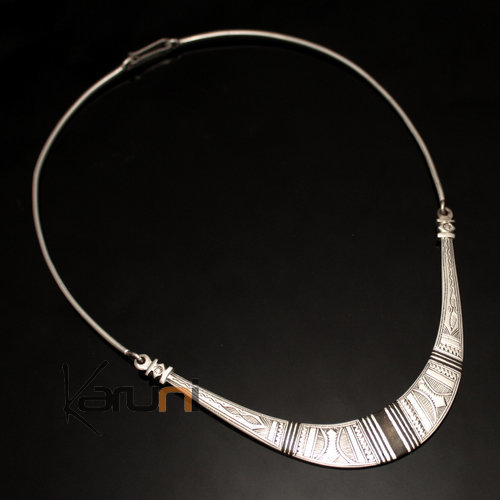 Ethnic Choker Necklace Sterling Silver Jewelry Engraved Large Articulated Torque Tuareg Tribe Design 03 Ebony