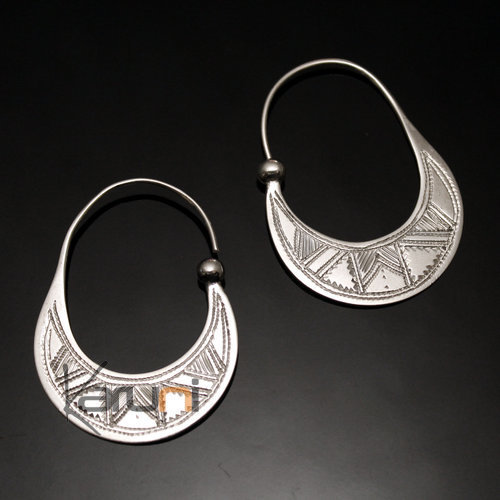 Ethnic Hoop Earrings Sterling Silver Jewelry Engraved Flat Tuareg Tribe Design 22 3 cm