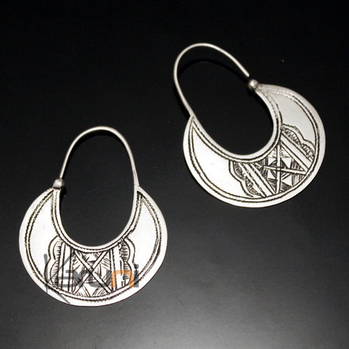 Ethnic Hoop Earrings Sterling Silver Jewelry Engraved Flat Tuareg Tribe Design 25 3 cm