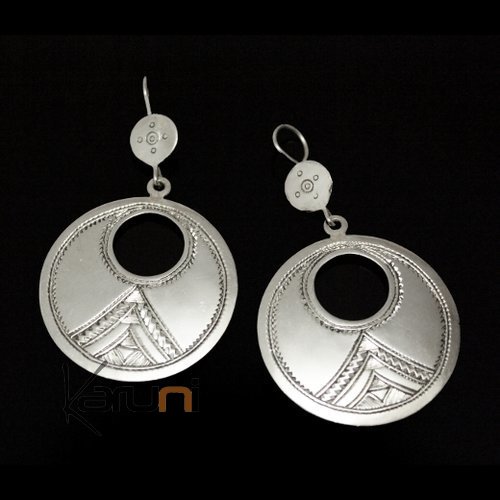 Tuareg Ethnic Jewelry Earrings Silver Large Round Engraved 03