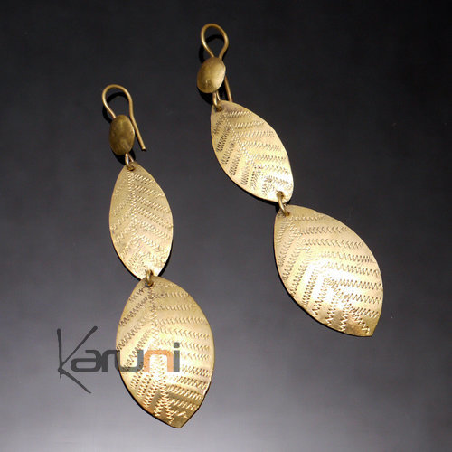 Fulani Earrings Golden Bronze Long Leaves African Ethnic Jewelry Mali