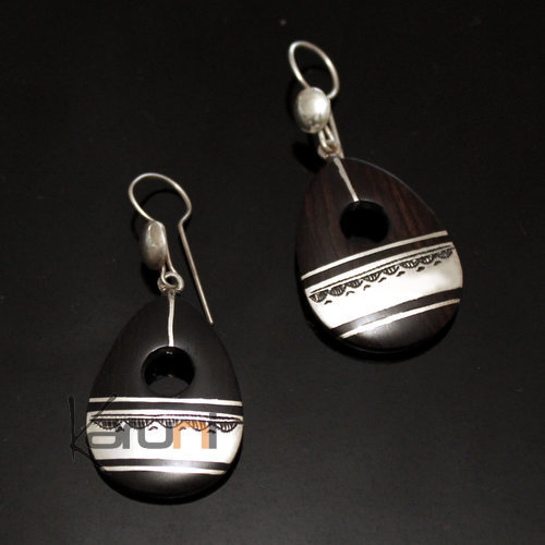 Ethnic Earrings Sterling Silver Jewelry Ebony Engraved Pebble Band Tuareg Tribe Design 101