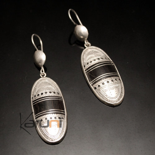 Ethnic Earrings Sterling Silver Jewelry Ebony Engraved Long Oval Tuareg Tribe Design 41