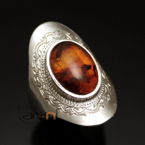 Ethnic Marquise Ring Sterling Silver Jewelry Amber Stone Engraved Tuareg Tribe Design 52